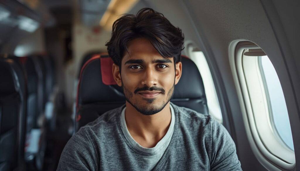 alt="indian man sitting in a flight"